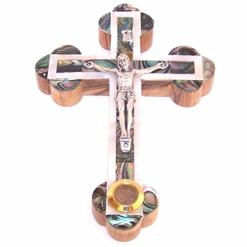 Small grade A Olive wood 14 Stations Crucifix with Mother of Pearls Layer on top