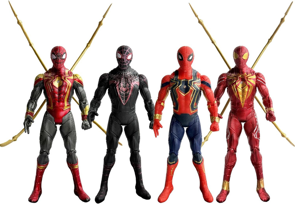 4PCS Spider Hero Action Figures Set, 7 Inch Movable Superhero Figurines with Dis