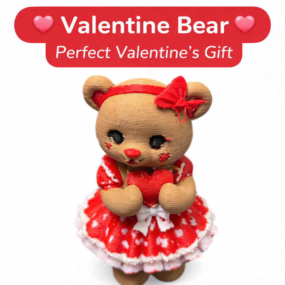 Valentine Bear Cute 3D Printed Teddy Bear with Heart Dress Valentine’s Day Gift