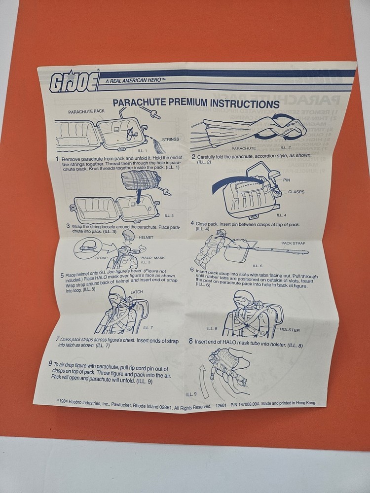 Vintage 1985 Hasbro GI Joe Parachute Pack Original Blueprints/Instructions Sheet