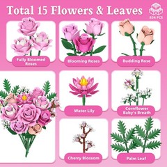 Pink Rose Bouquet Flowers Building Set, 834Pcs Roses Artificial Flowers…