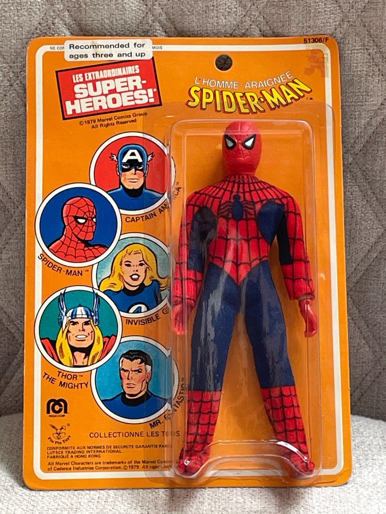 VINTAGE 1979 MEGO PIN PIN TOYS 8″ SPIDERMAN ACTION FIGURE NEW ON CARD NEAR MINT