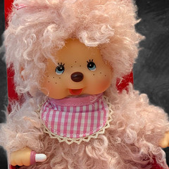 8″ Large Monchhichi Doll – Girl with Fluffy Pink Beige Fur – Authentic Monkey