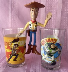 Toy Story 8oz Juice Tumblers & 6” Tall Woody Figure Lot of 3