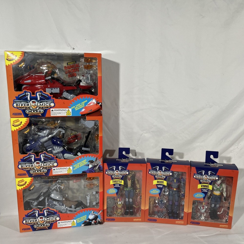 BIKER MICE FROM MARS 3 FIGURES + BIKES FULL SET THROTTLE VINNIE MODO Nacelle NEU
