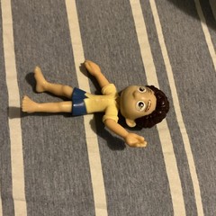 Plastic Human Action Figure Yellow Shirt Blue Shorts Brown/Beige Hair & Skin
