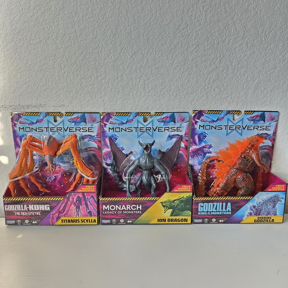 Playmates Toys Monsterverse Ion Dragon, Burning Godzilla, Titanus Scylla