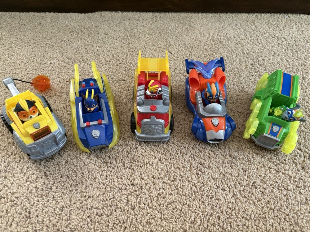 PAW Patrol Mighty Pups Lot 5 Vehicles Chase Marshall Rocky Rubble Light Up