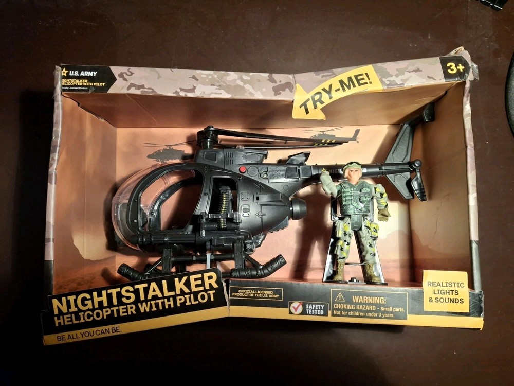 U.S. Army Night Stalker Helicopter with Pilot. Lights,Sound New In Box, Damage