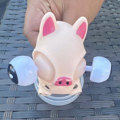 Pink Pig Figurine Big Eyes w/ Clear Suction Cup Base 6 in, Blue Black White
