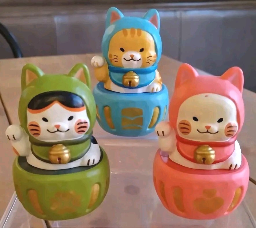 Lucky Cat Daruma (Assorted 3 Pc Lot) 🐱 by Partner Toys 2″ PVC Gacha Figures