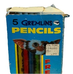Vintage 1984 Gremlins Set of 5 Unused Pencils & Eraser Gizmo Movie Damaged Box