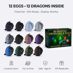 12 Pack – 3D Printed Dragon Eggs with 5.3″ Dragons Inside, Flexible, Dark Series