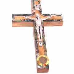 Olive wood Latin Style Crucifix with Mother of Pearls ( 12 cm or 4.8 inches )