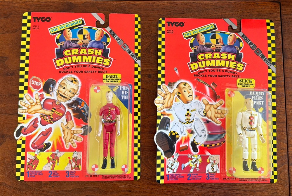 1991 Crash Test Dummies 2 Bendable Daryl + Slick His Head Spins Tire Tyco MOC