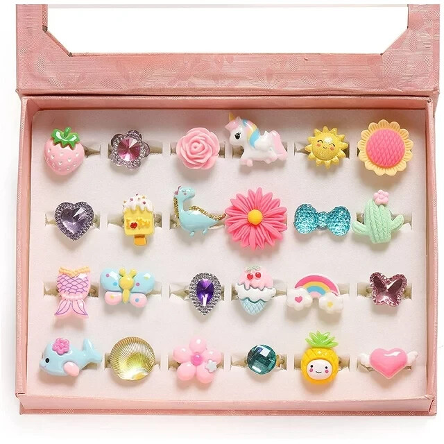 24 pcs PinkSheep Little Girl Jewel Rings in Box, Adjustable Girl Play pink sheep