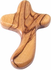Perfect Hand fit Olive Wood Cross – Carved Round and with Hand Shape (3.8 In)