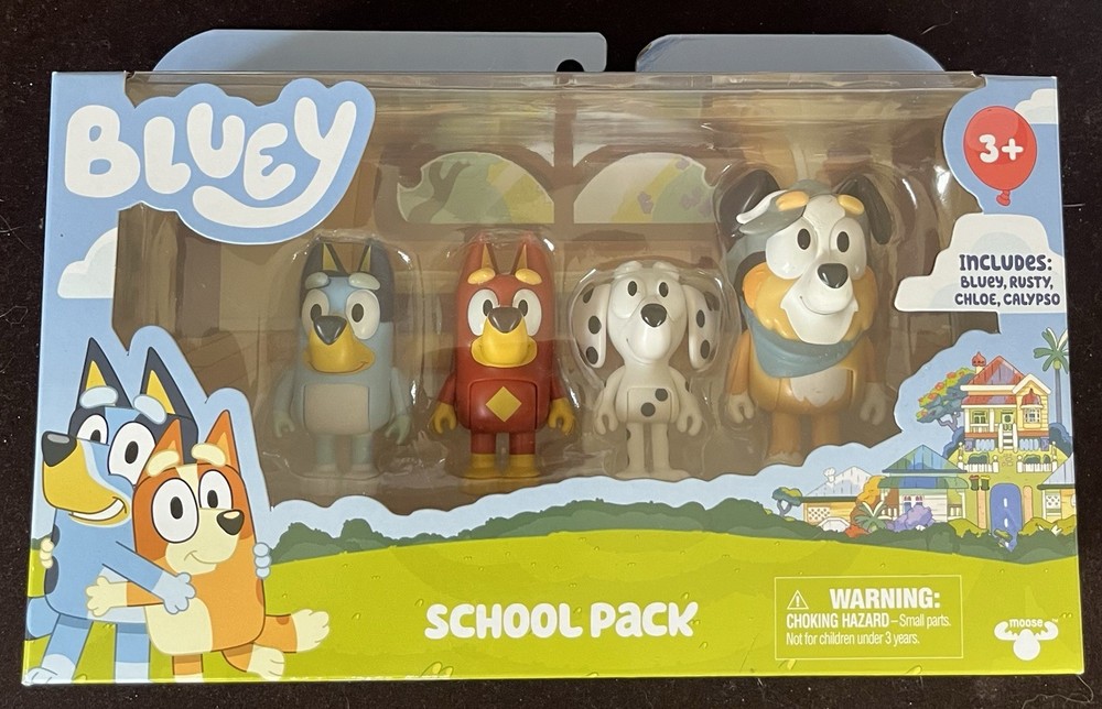 Bluey School Pack Figure Set: Bluey, Rusty, Chloe, Calypso – Kids Toy, NEW