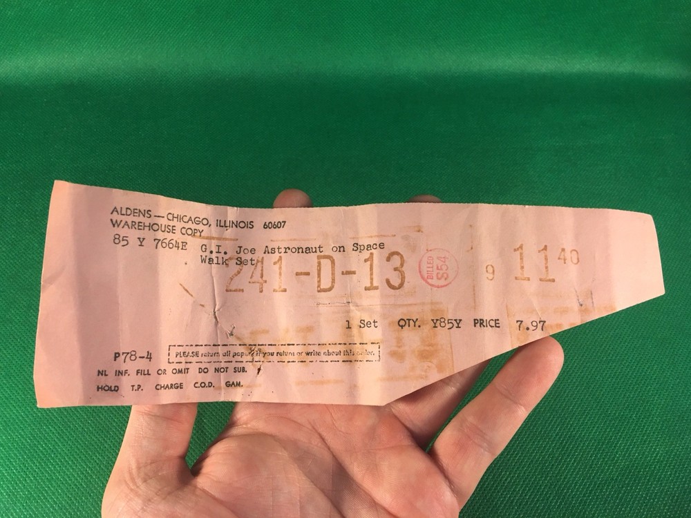 VINTAGE 1964 GI JOE — 1969 ADVENTURES OF : SPACEWALK MYSTERY SALE RECEIPT PAPER
