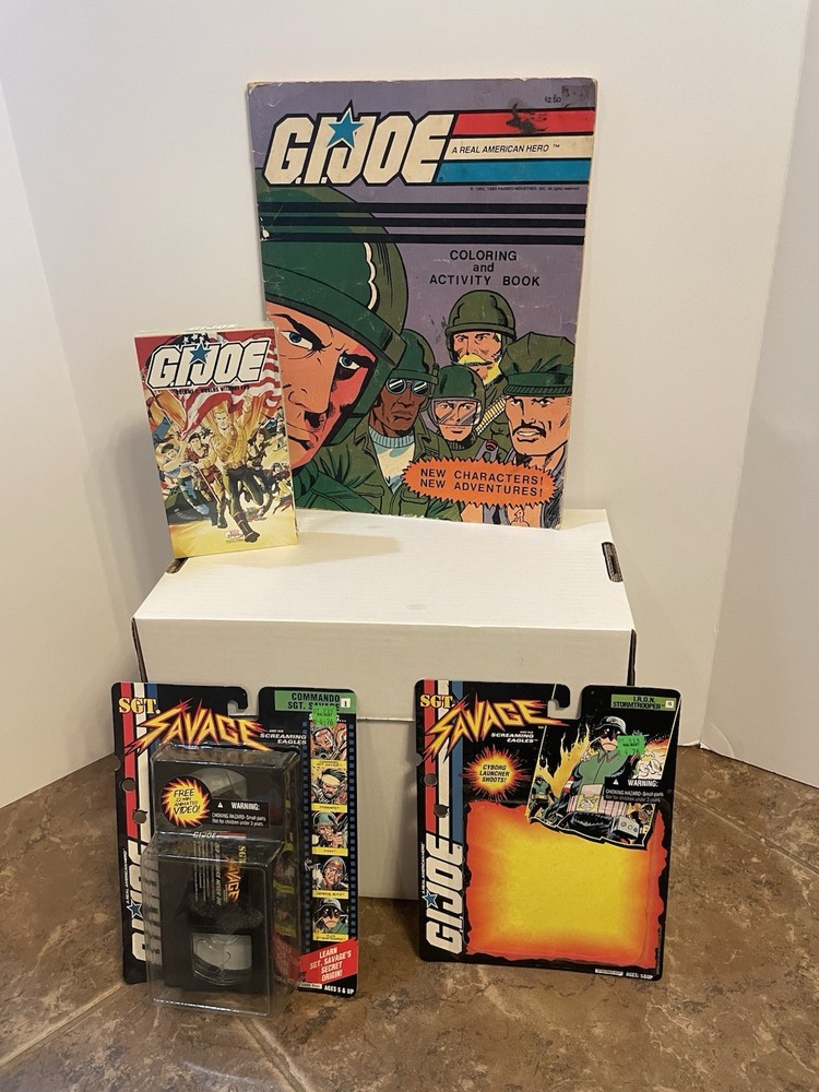 Vintage Gi Joe Coloring Book And Promotional VHS Tapes And Sgt Savage Backers
