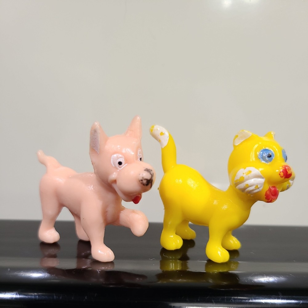 Vintage Small Plastic Dog Toy and Yellow Cat Toy Figure