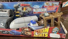 DISNEY CARS 2 ACTION AGENTS 3 PLAYSETS: BATTLE STATION, CRABBY BOAT, & SPY TRAIN