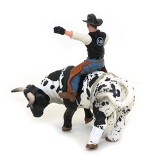 1/16 Little Buster Toys Black & White Bucking Bull W/ Rider Rodeo Toys 500276