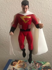 Superhero Action Figure Red White Gold Chest Emblem Cape Plastic Fabric
