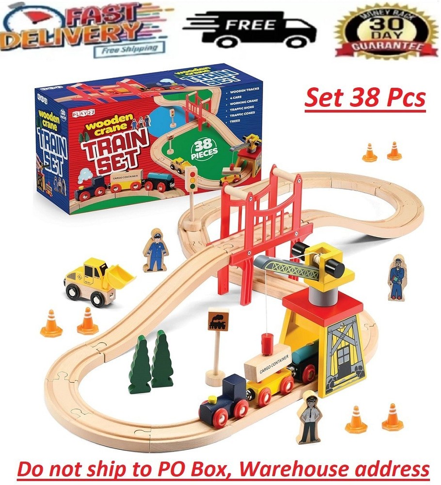 38-Piece Wooden Train Track Lot Railway Set with Crane, Bridge & Accessories