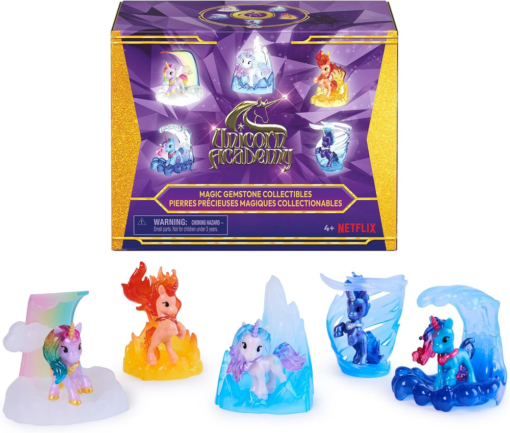 , Magic Gemstone Collectibles Pack with 5 Unicorn Toy Figures & Display Bases, D