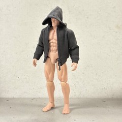 SU-RG-ZPHD-BK: 1/12 Black Fabric Hoodie zipper Jacket for 6 inch muscular body