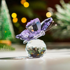 Purple Crystal Butterfly Figurine Glass Butterfly with Crystal Ball Base Glass