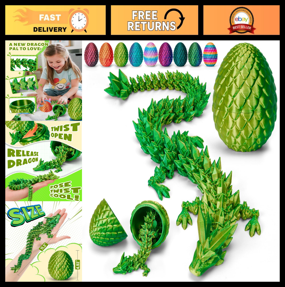 12″ 3D Printed Dragon Egg – Articulated Crystal Dragon Toy, Fidget Dinosaur Figu