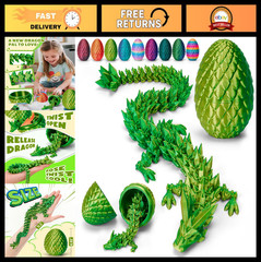 12″ 3D Printed Dragon Egg – Articulated Crystal Dragon Toy, Fidget Dinosaur Figu