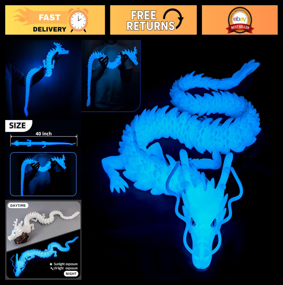 40″ Super Large 3D Printed Dragon Toy – Articulated Fidget Crystal Decor (Glow-B