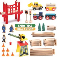 38-Piece Wooden Train Track Lot Railway Set with Crane, Bridge & Accessories