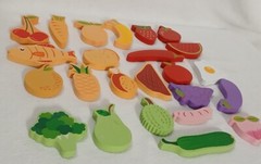 Wooden Pieces (24) Child’s Play Toddler Toys Food Fish Fruit Colorful Shapes
