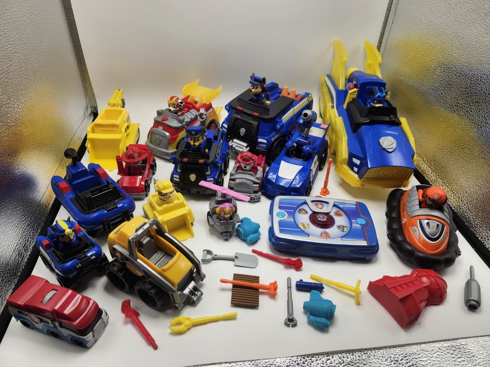 Huge Paw Patrol Vehicle Figure Toy Lot Chase Marshall Rubble Skye Boat Mission