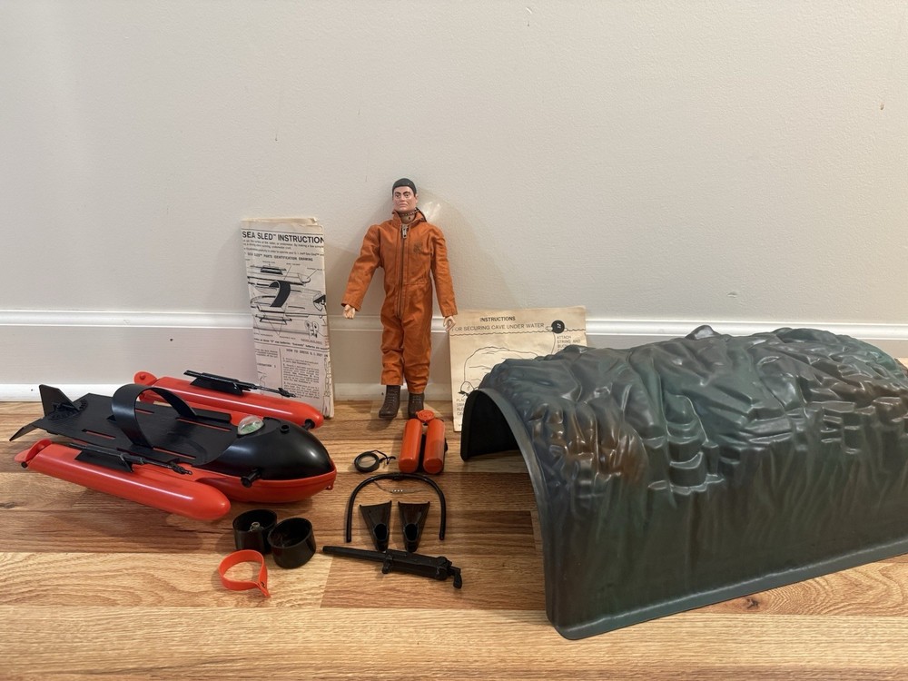GI Joe 1966 Sea Sled & Frogman With Accessories, Cave & Box As Is Untested