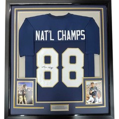 Framed Autographed/Signed Lou Holtz 33×42 Notre Dame Blue College Jersey JSA COA
