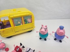 Peppa Pig Figures & Vehicle Lot Yellow School Bus Caravan Granddad Dog Pig Toys