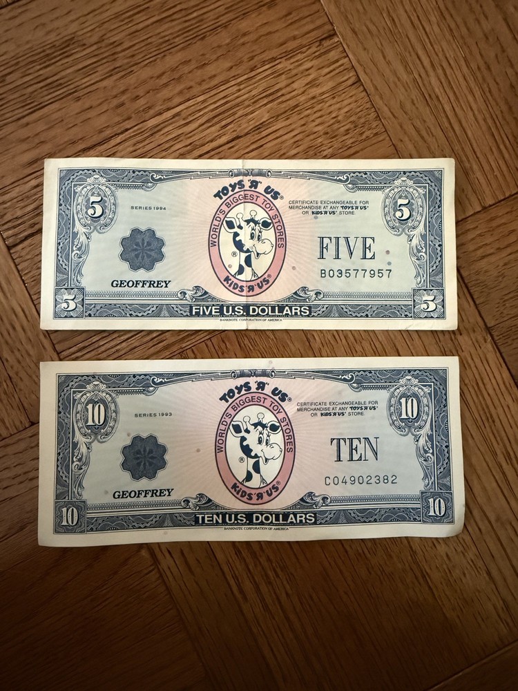 Five And Ten Dollar Toys R Us Geoffrey Dollars 1994 $5 & 1993 $10