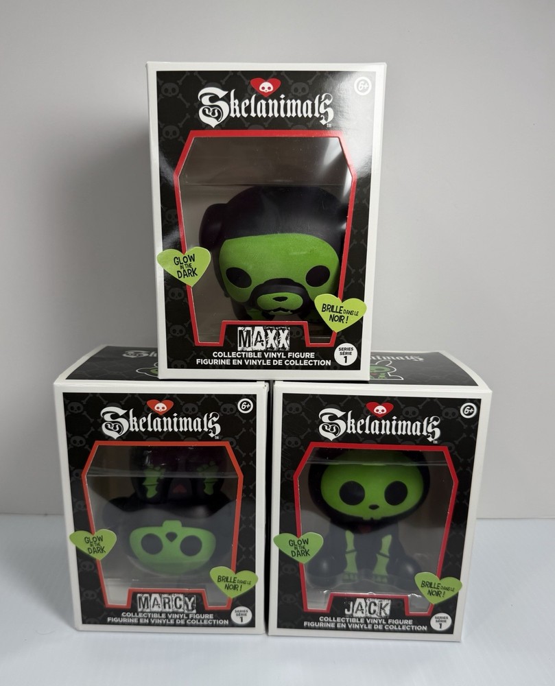 NEW Skelanimals Glow In The Dark Jack, Marcy & Max Collectible Vinyl Figures (3)