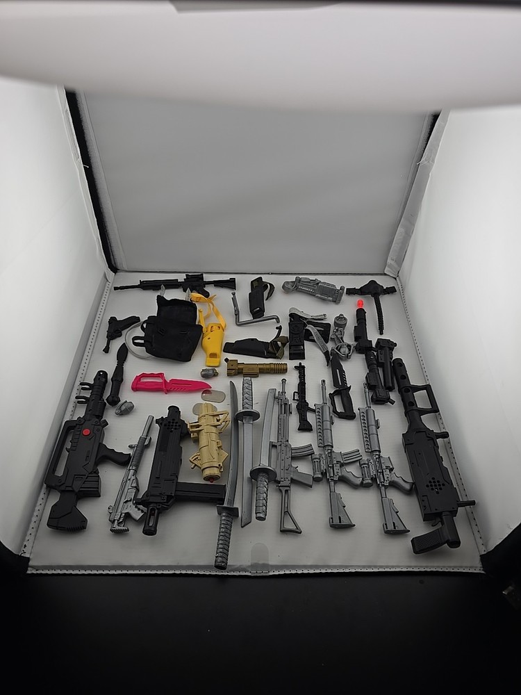 GI Joe Weapons Lot of 34 Pieces Guns Rocket Launchers Knives Holsters Backpack