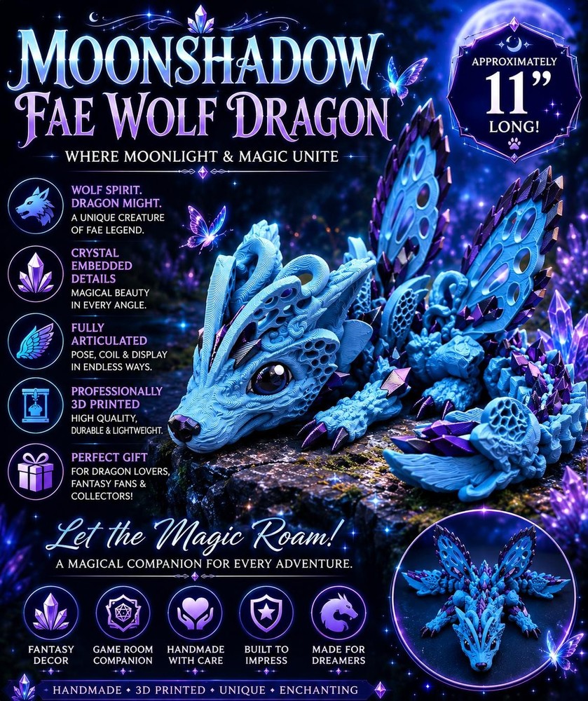 Moonshadow Fae Wolf Dragon Articulated Crystal Wing Fantasy 3D Printed