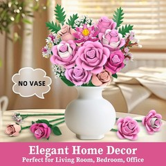 Pink Rose Bouquet Flowers Building Set, 834Pcs Roses Artificial Flowers…