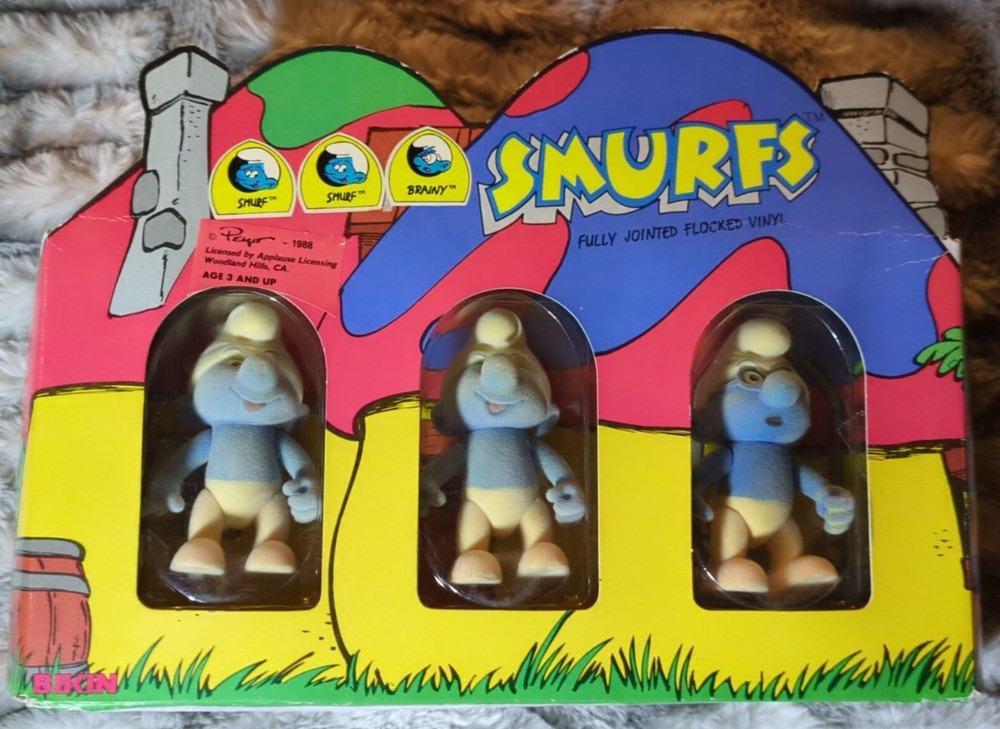 Vintage VTG Smurf Fully Jointed Flocked Vinyl Figures 1988 Brainy Cartoon Peyo