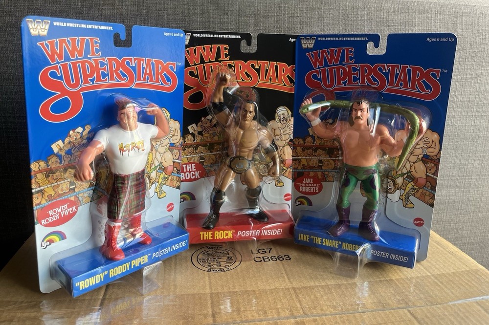 WWE LJN SUPERSTARS JAKE SNAKE BLUE CARD, RODDY PIPER BLUE , THE ROCK BLACK CARD