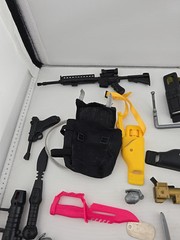 GI Joe Weapons Lot of 34 Pieces Guns Rocket Launchers Knives Holsters Backpack