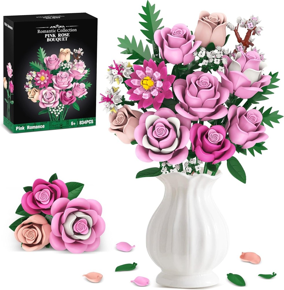 Pink Rose Bouquet Flowers Building Set, 834Pcs Roses Artificial Flowers…